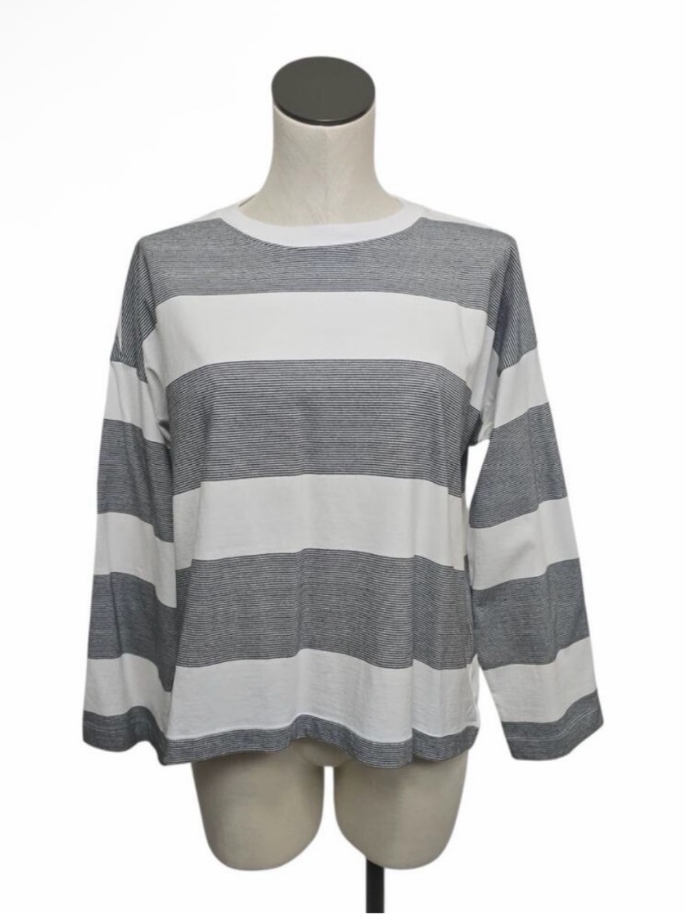 Striped Long-Sleeve Crew Neck Top - White & Gray